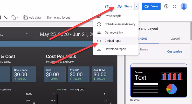 Arrows pointing to how to get the embed report code to use with OptiSigns Digital Signage Software 