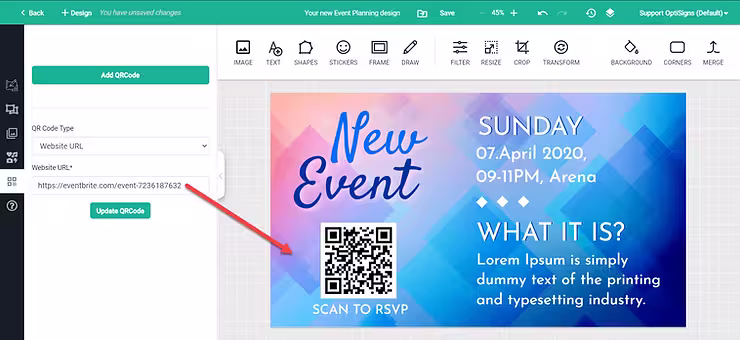 Arrow pointing to QR code settings for Designer app on OptiSigns Digital Signage Software
