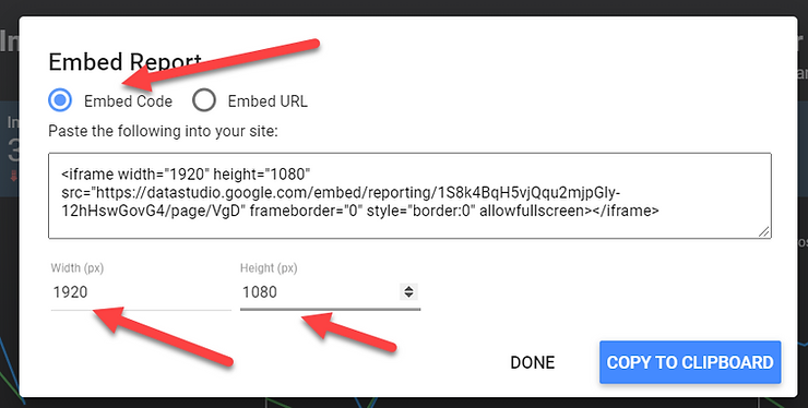 Google Data Studio portal screenshot embed code