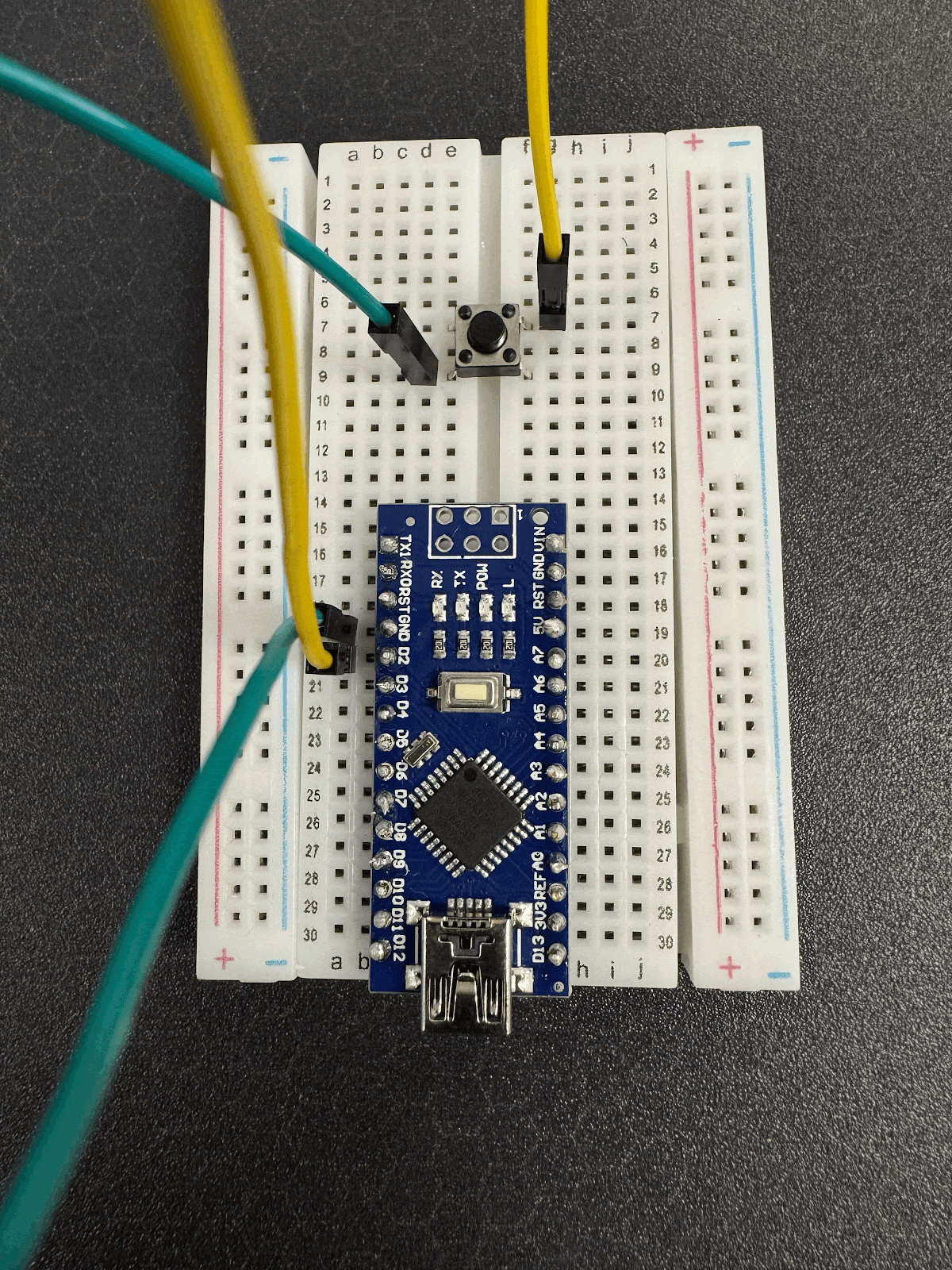 Arduino set up on breadboard for use as push button sensor