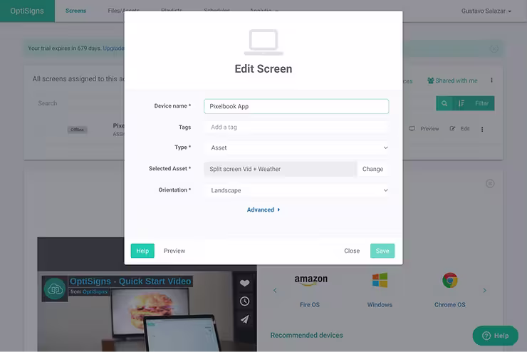 Edit Screen settings for OptiSigns Digital Signage Software