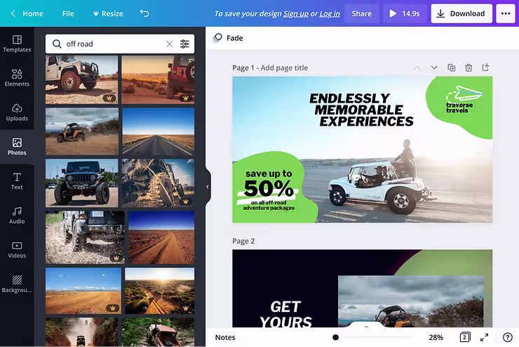 Canva designer with 'off road' images