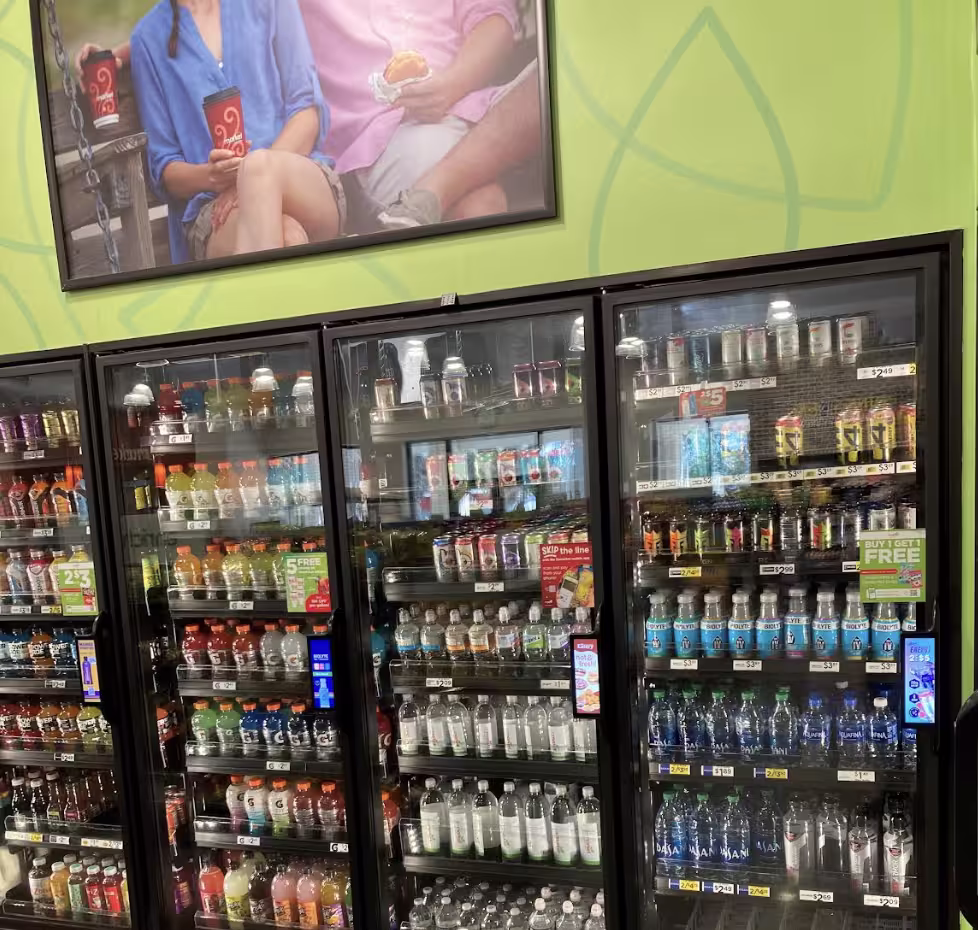 Small displays showing deals at a convenience store 