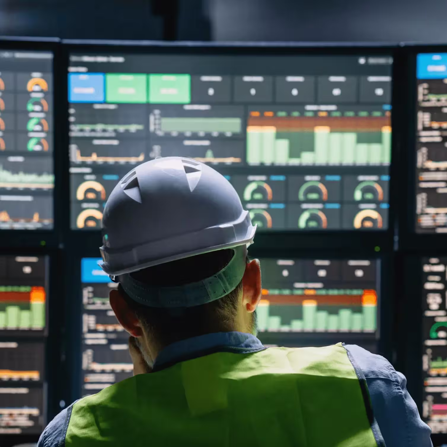 Worker with a hardhat looking at dashboards on a digital screen