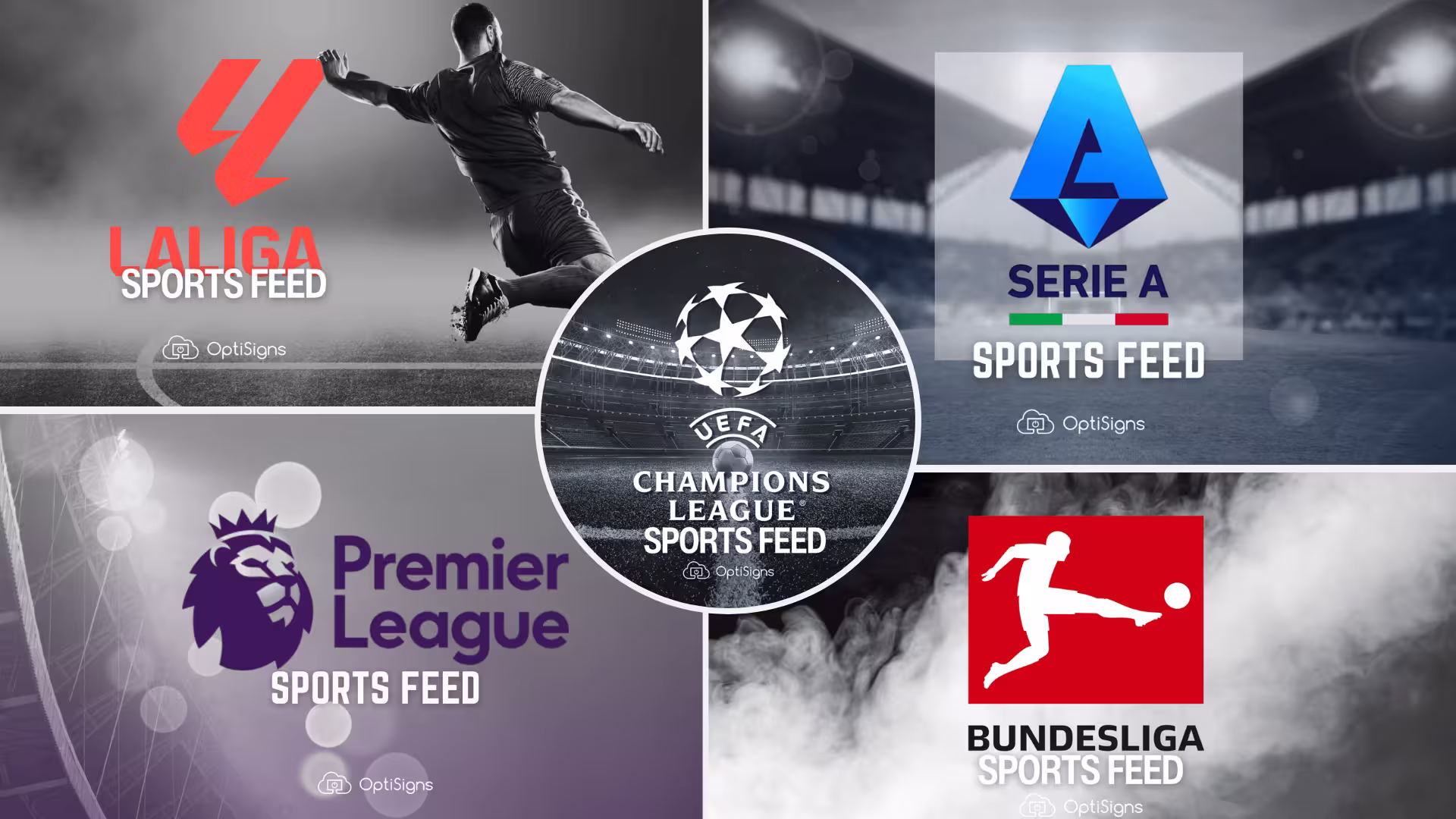 Multiple football themed backgrounds with the European Football league logos for: UEFA, Serie A, Bundesliga, LaLiga, and Premier League.