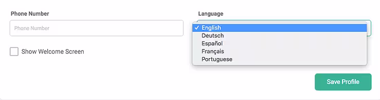 Language options under the personal profile on OptiSigns Digital Signage Software settings