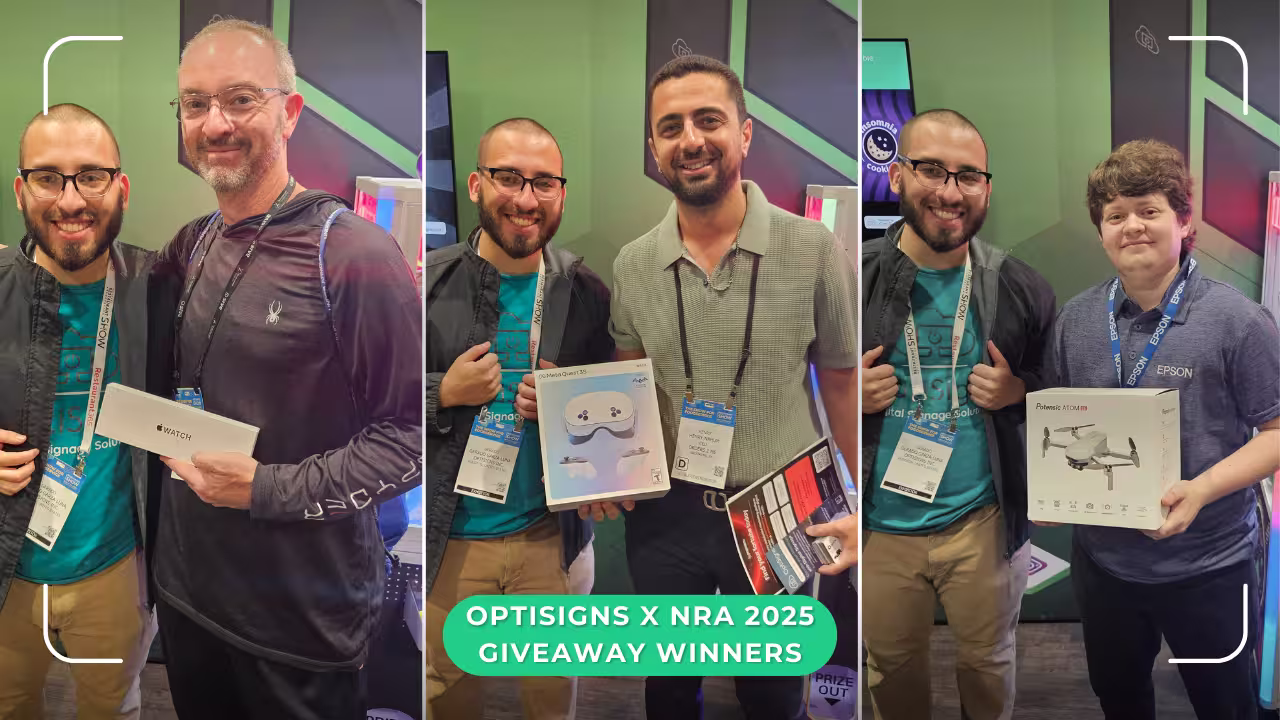 A collage of three people holding prizes with the text "OptiSigns x NRA 2025 Giveaway Winners"