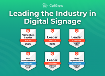 G2 Winter 2025 Badges for Leader, Momentum Leader, and Most Implementable in Digital Signage Software category.