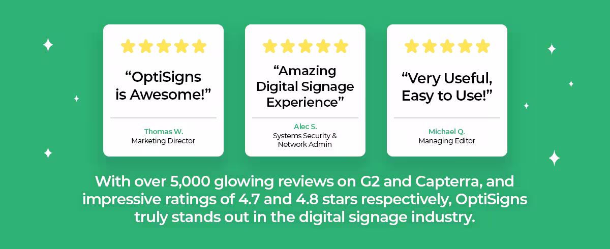 Example reviews from G2 and Capterra for OptiSigns Digital Signage Software