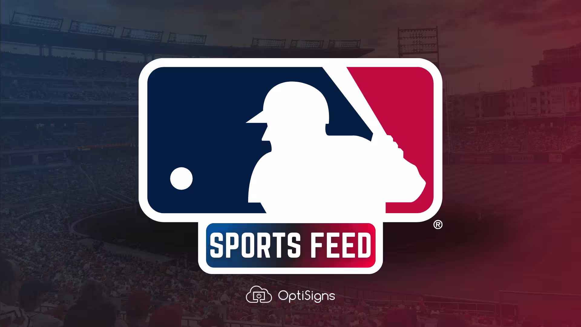MLB logo with baseball player swinging a bat with the OptiSigns logo and "Sports Feed" text under it