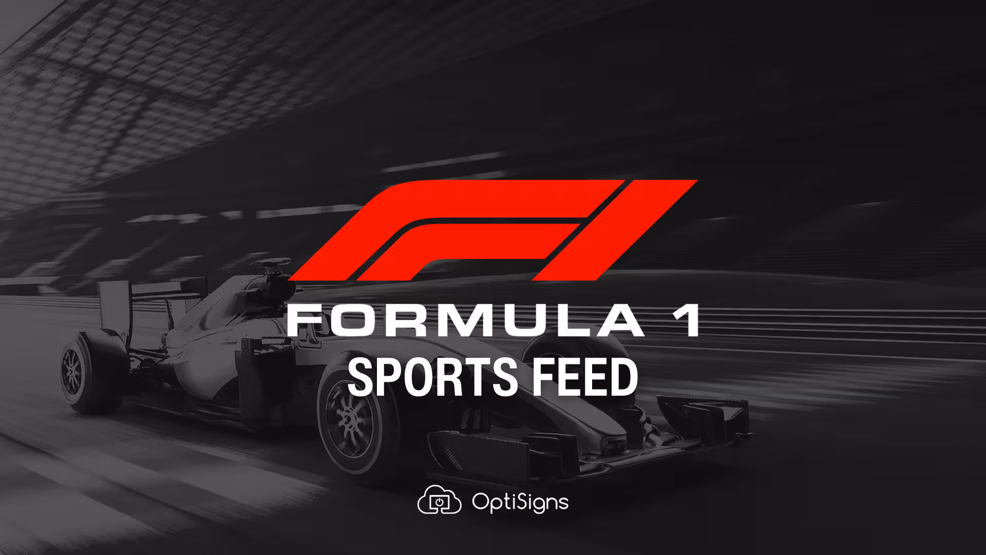 Red Formula 1 car speeding on a racetrack with motion blur, OptiSigns logo overlayed in the corner.