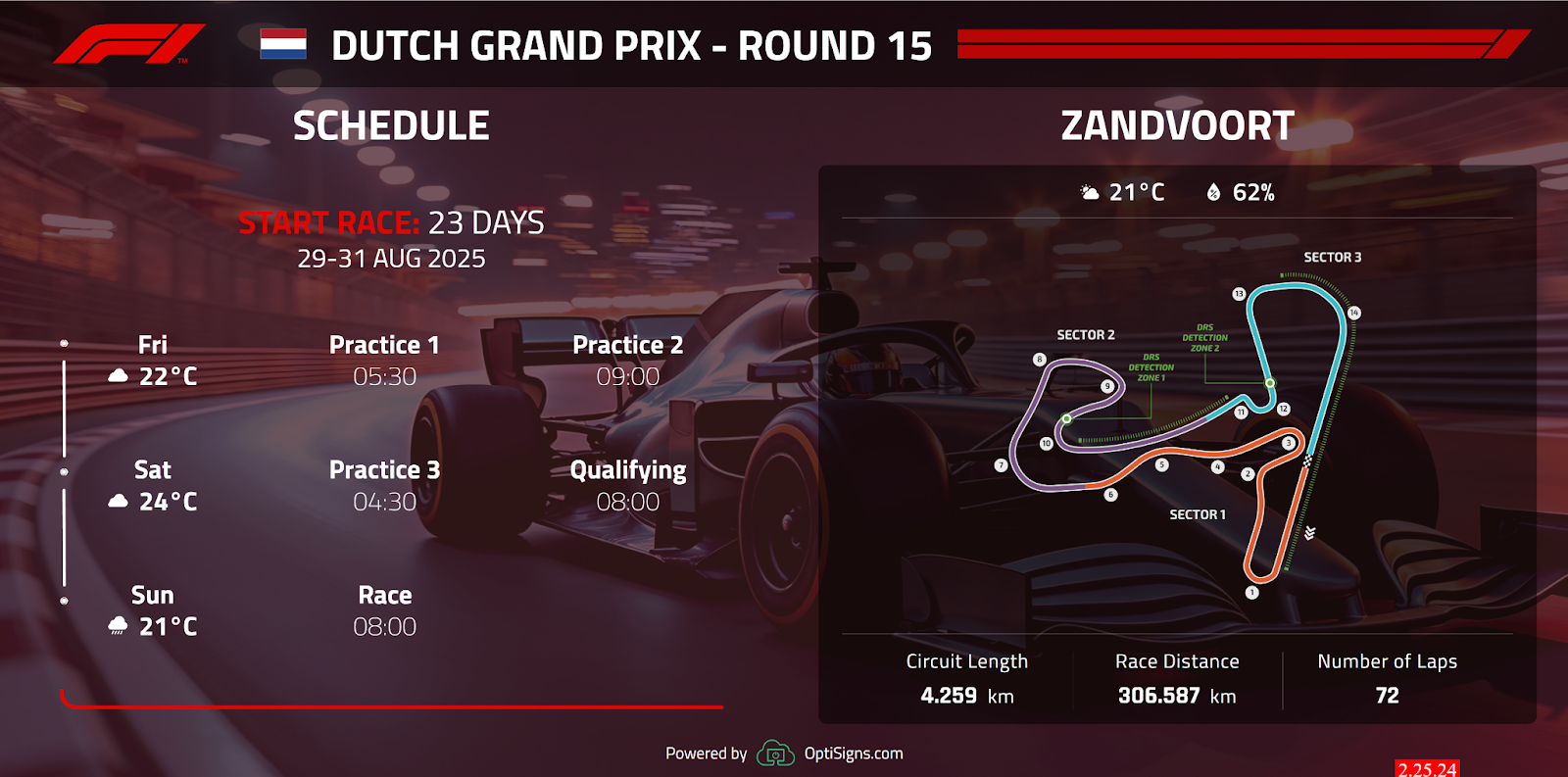 F1 race schedule graphic for the Hungarian Grand Prix. A dark background of a racecar on a track with a race schedule overlay. The start of the next race, practice, and qualifying times are shown on the left. The right shows the track map, event details, and weather highlights.  Shows the track map, event details, and weather highlights for race weekend.