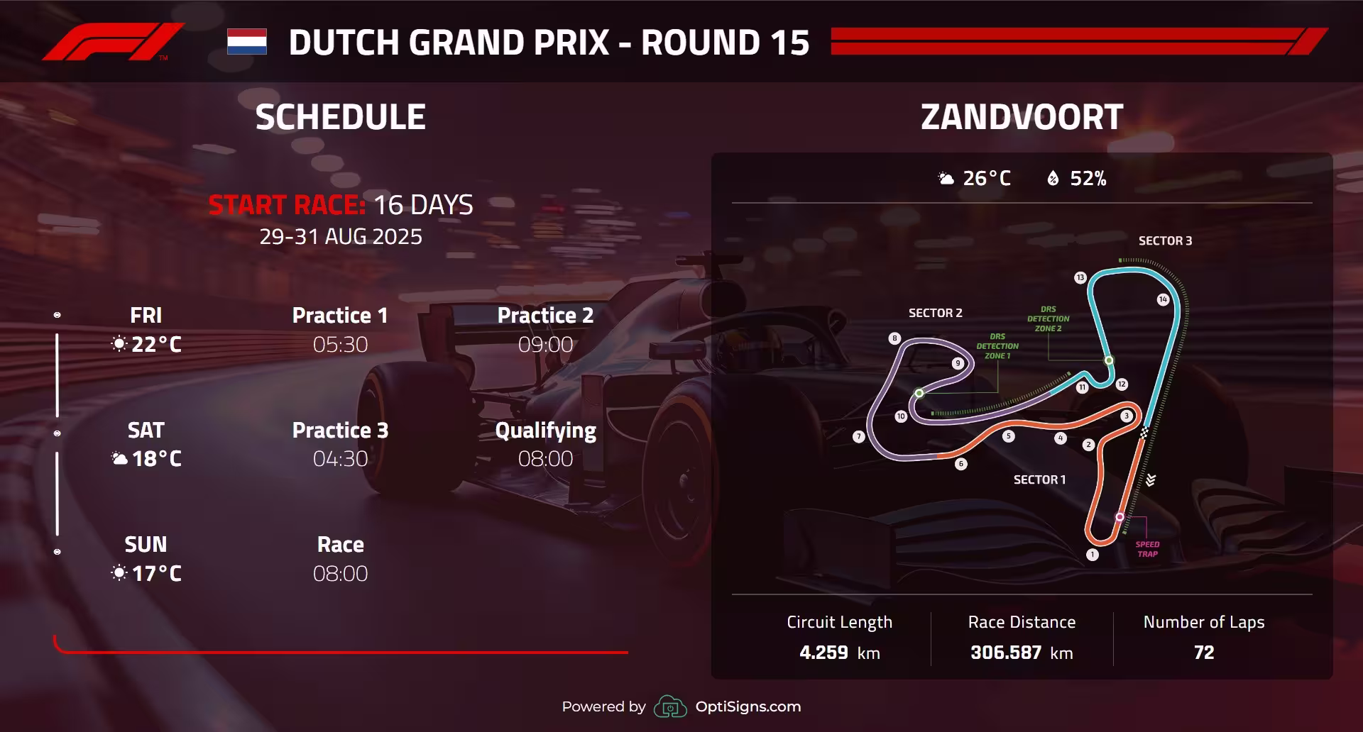 F1 race schedule graphic for the Dutch Grand Prix. A dark background of a racecar on a track with a race schedule overlay. The start of the next race, practice, and qualifying times are shown on the left. The right shows the track map, event details, and weather highlights. Shows the track map, event details, and weather highlights for race weekend.