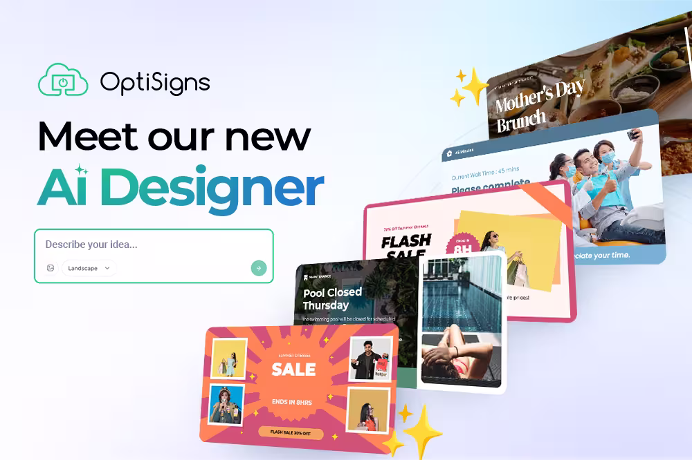 AI-powered digital signage design for businesses, highlighting automated content creation and seamless AI integrations for faster visual communication.