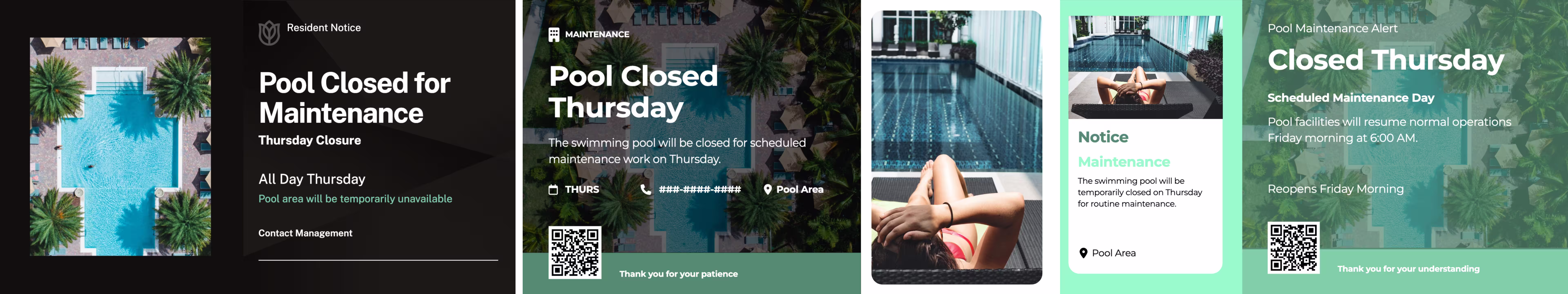 AI-powered digital signage templates announcing pool closed for maintenance.