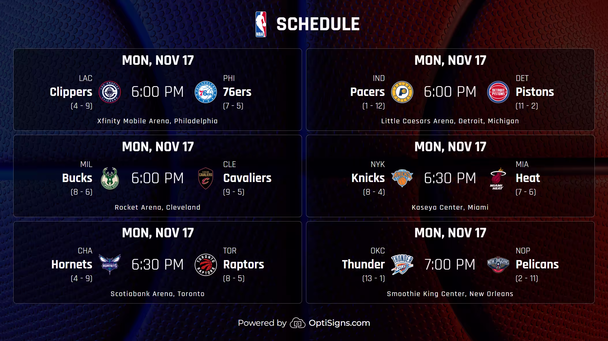 OptiSigns digital signage NBA schedule view showing upcoming games, team matchups, dates, and tipoff times in a clean multi-game layout.