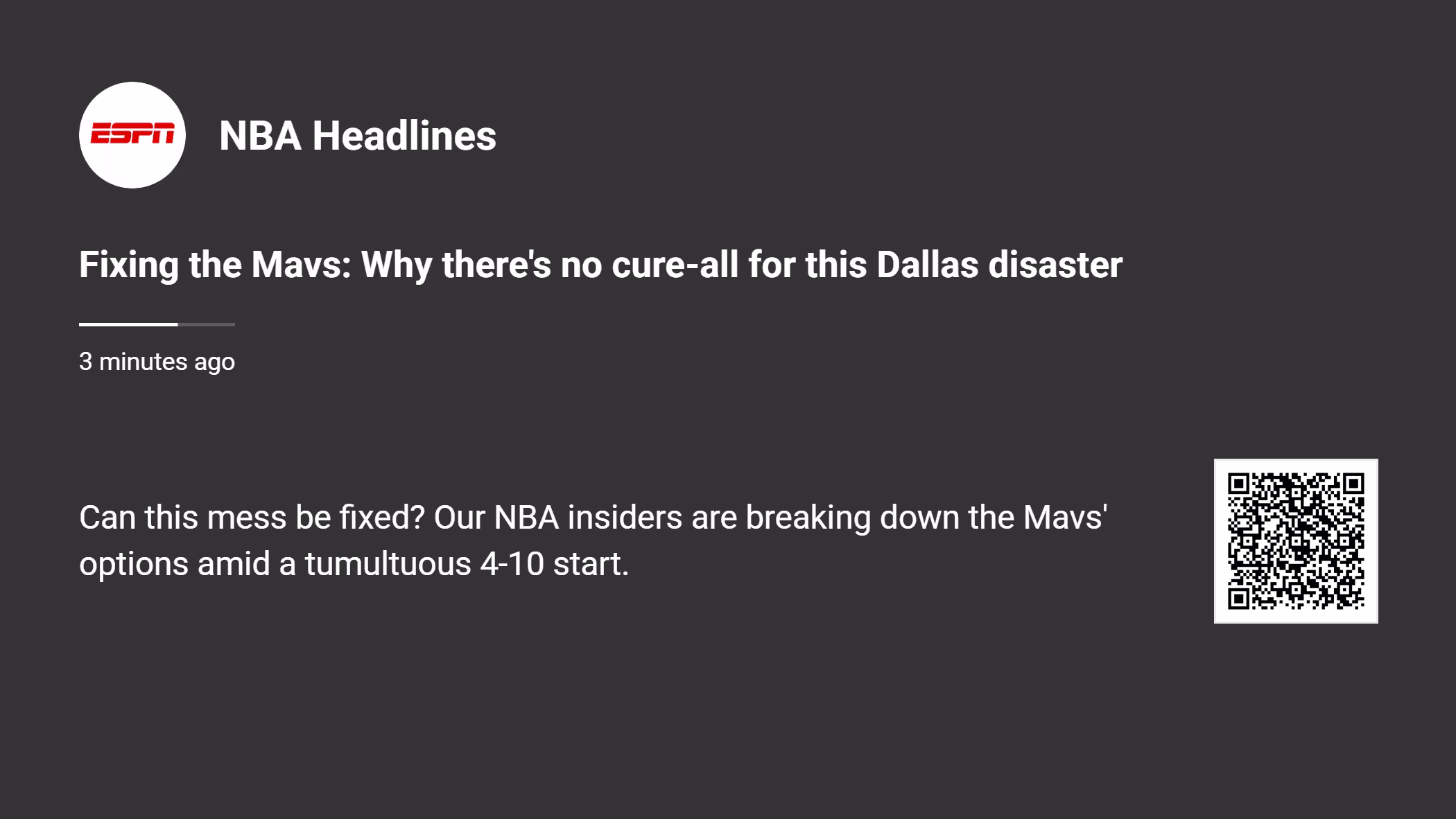 OptiSigns digital signage ESPN NBA news feed displaying real-time headlines, showing a breaking news story about the Dallas Mavericks.