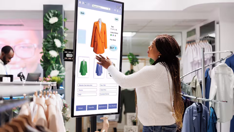 A customer in a store interacting with a digital screen that has various coat sizes and colors to choose from. 