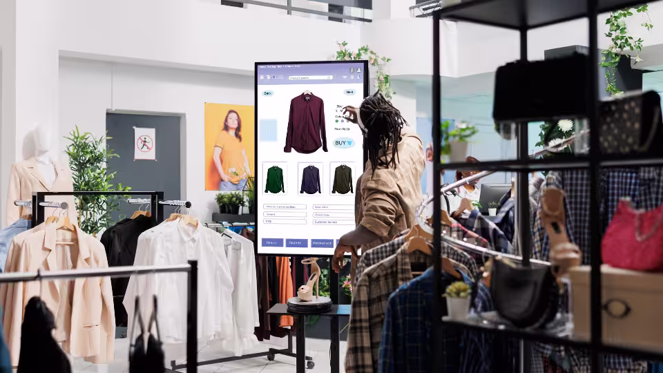 A store employee is touching a digital screen, which is displaying a shirt and its various colors and sizes in a retail store. 