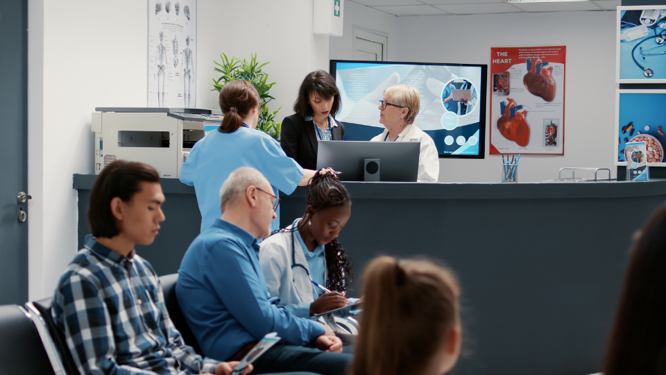 Digital signage in the reception area of the patient waiting room.