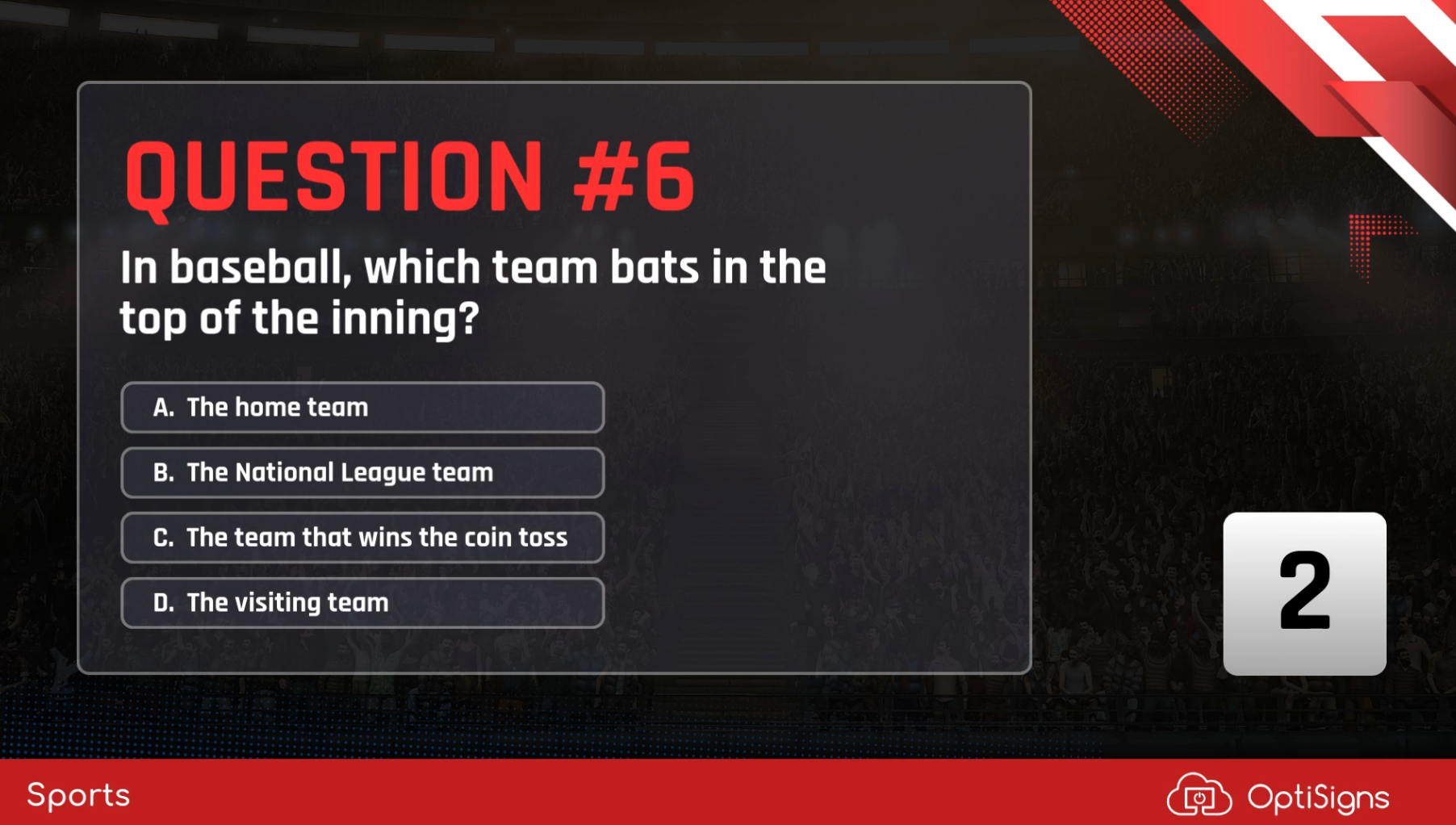 OptiSigns sports trivia feed displaying baseball trivia.