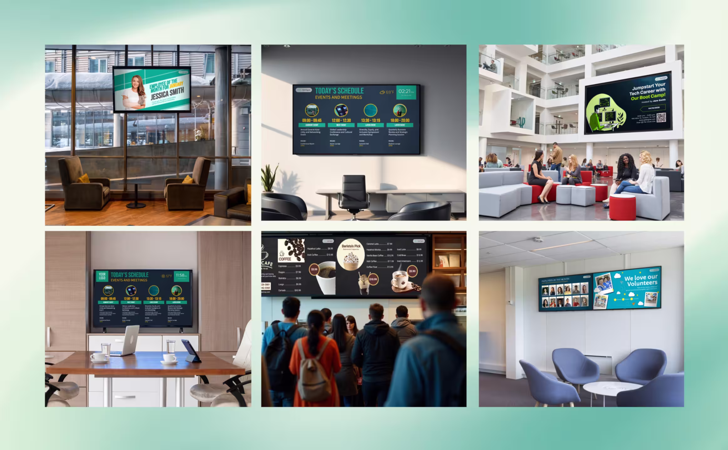 Digital signage being used to communicate messages in various settings.