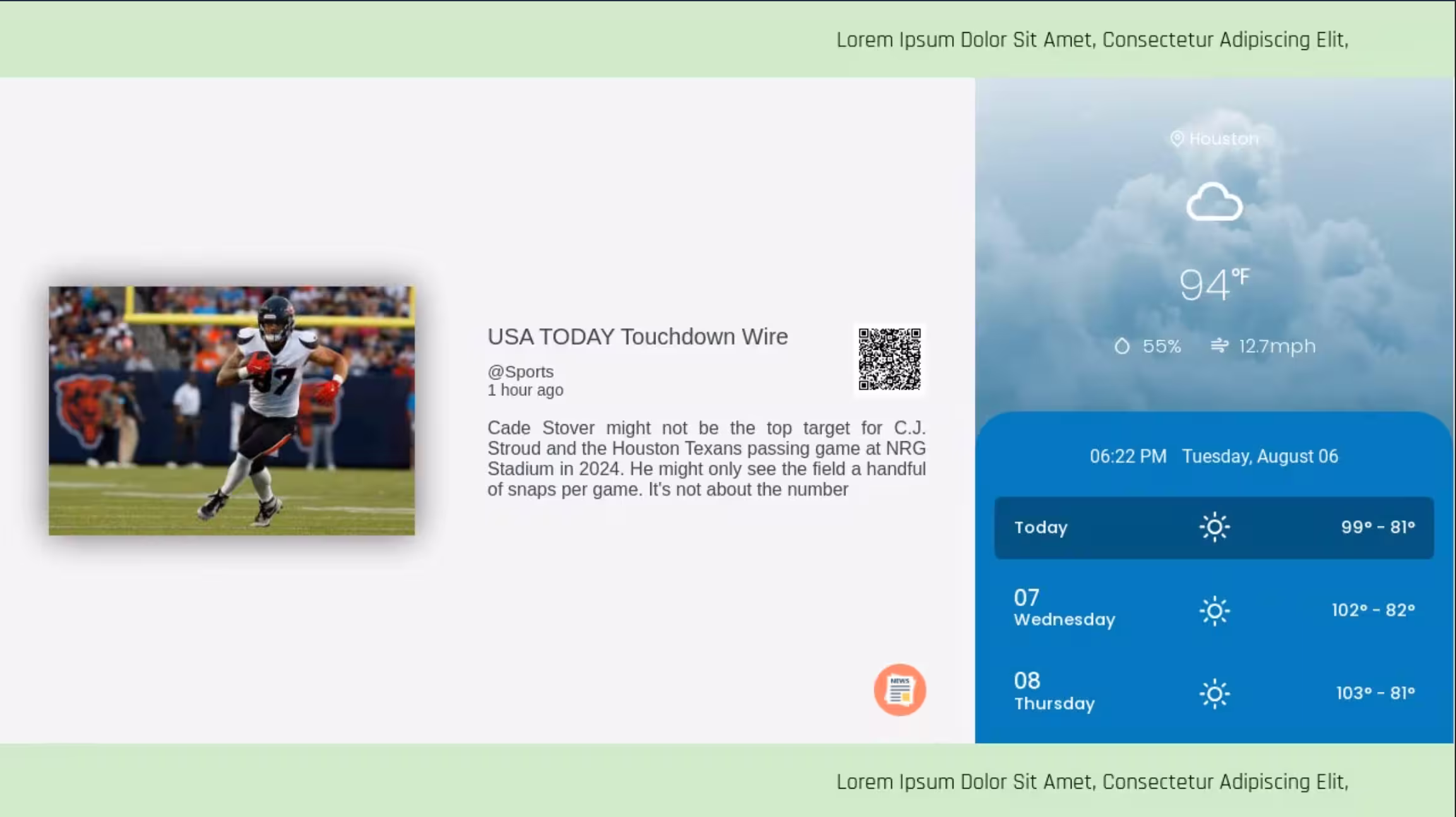 OptiSigns digital signage split screen feature displaying sports news and weather at the same time.