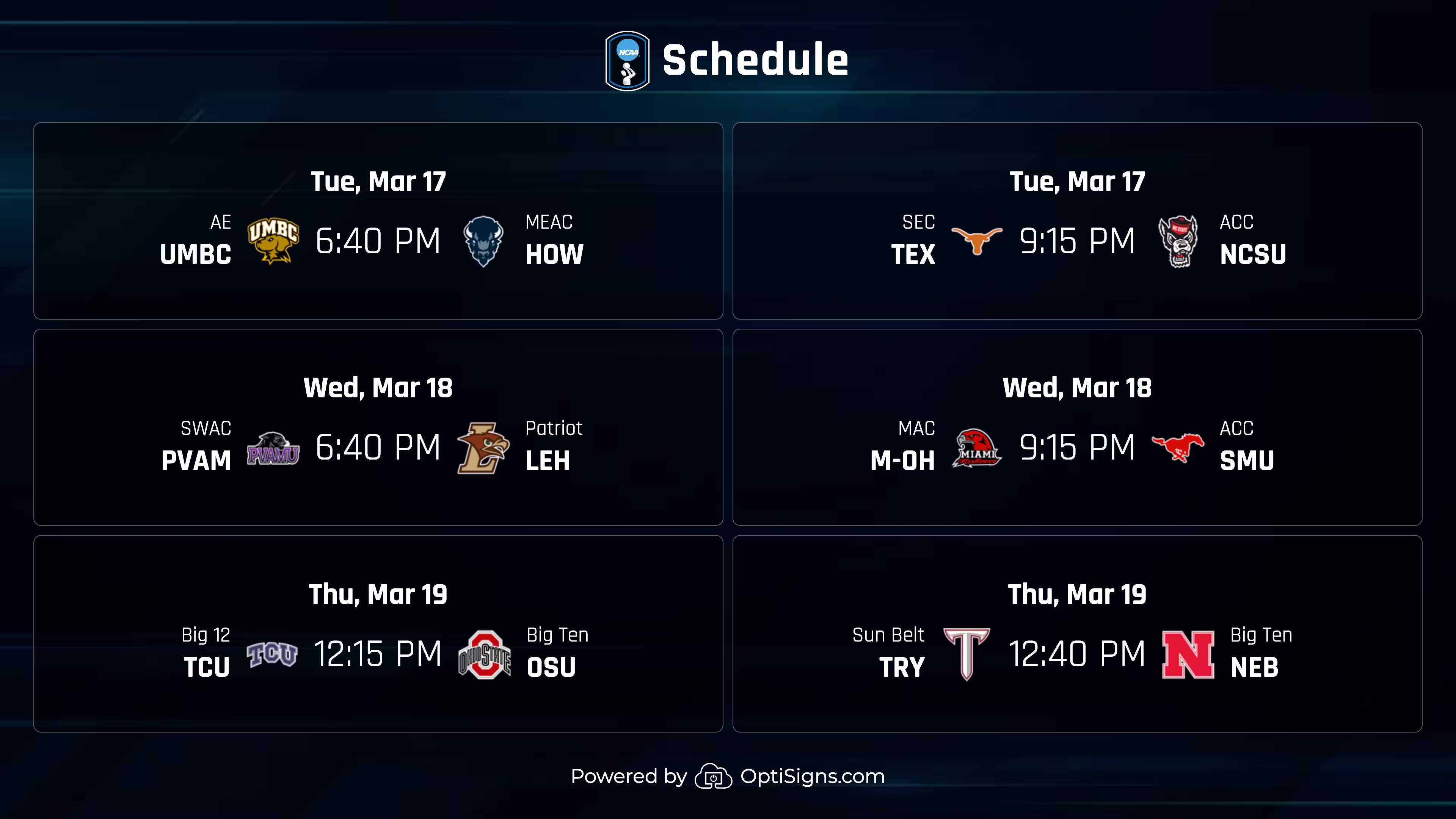 OptiSigns March Madness Sports Feed displaying game schedules.