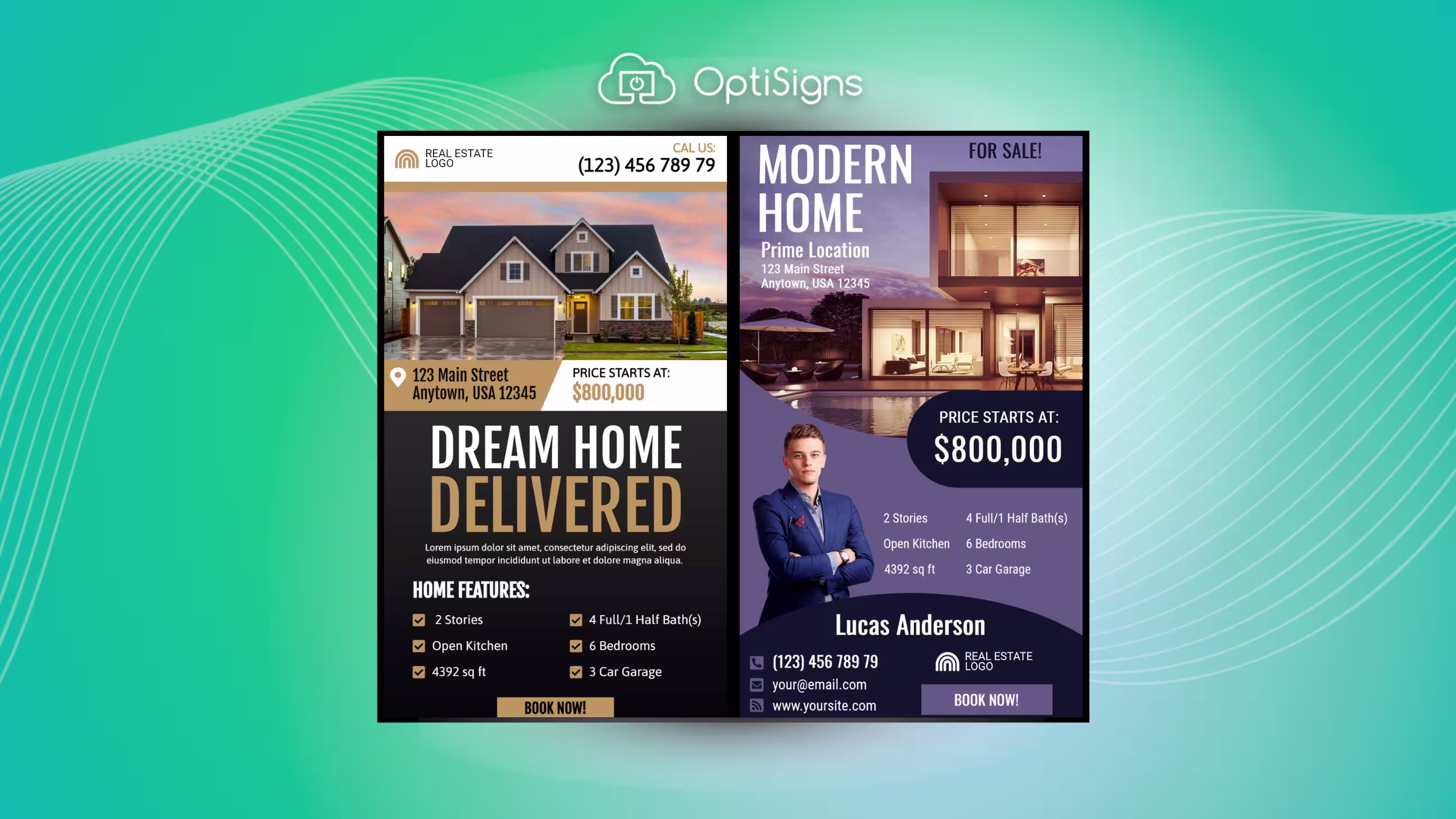 Digital signage display with house listings.