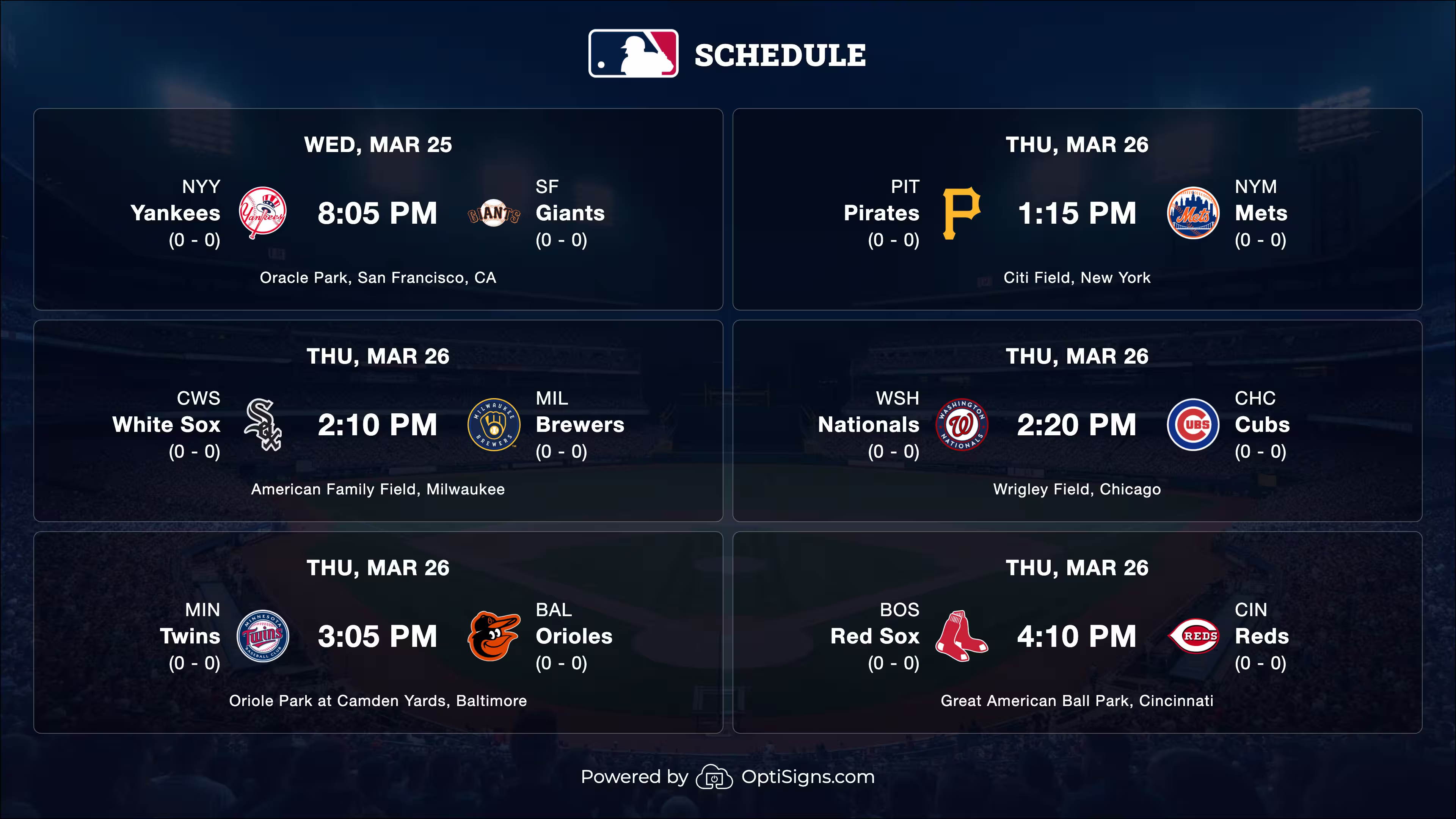 OptiSigns MLB Sports Feed displaying baseball schedules 