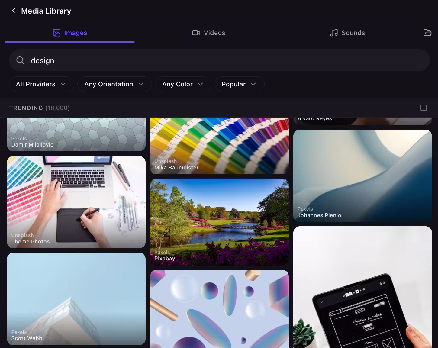 OptiDev app builder media library with free stock content.