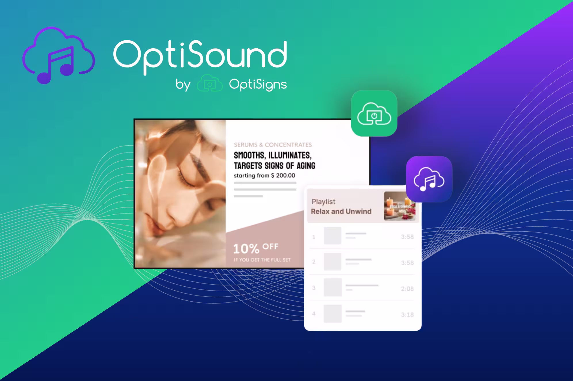 OptiSound by OptiSigns blog banner showing digital signage content with a music playlist overlay and cloud music icons on a teal and purple background.
