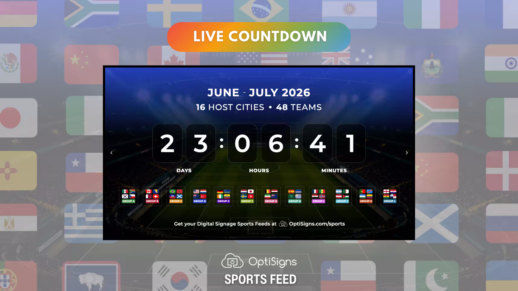 OptiSigns Digtal Signage Sports Feed for the Soccer World Championship displaying a live countdown to the first world cup game.