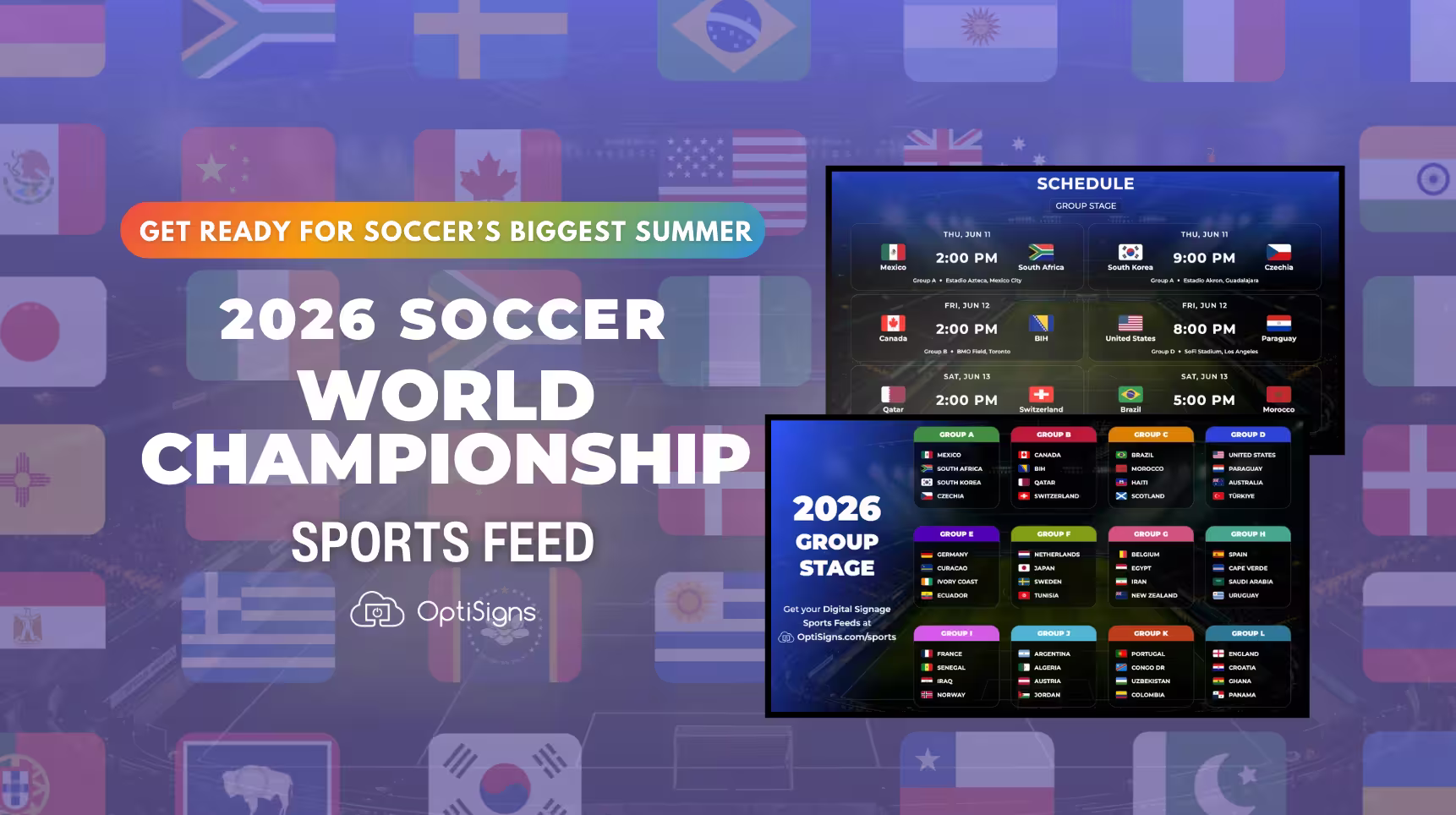 OptiSigns World Cup 2026 sports feed schedule and countdown layouts. 
