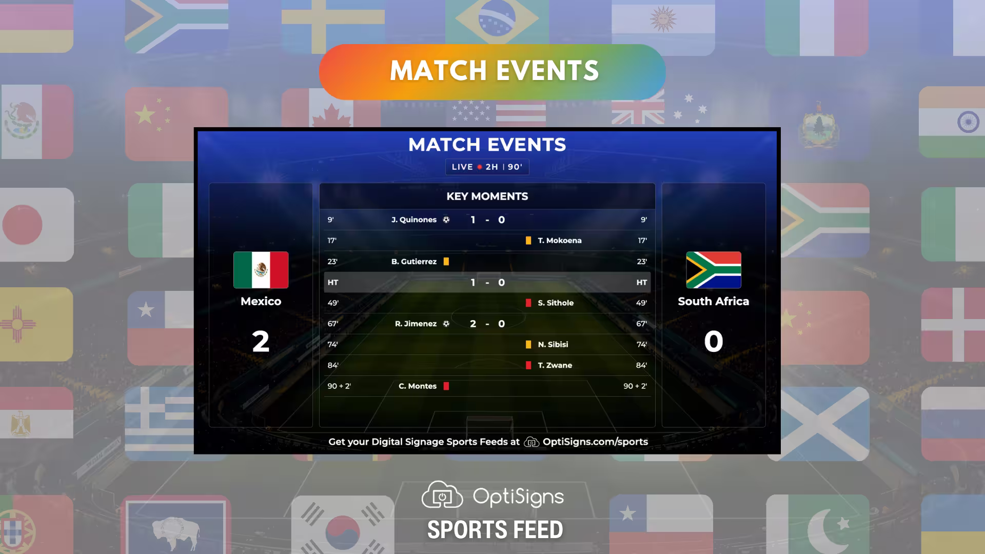 OptiSigns Digital Signage Sports Feed for the Soccer World Championship displaying match event key moments for Mexico versus South Africa game.