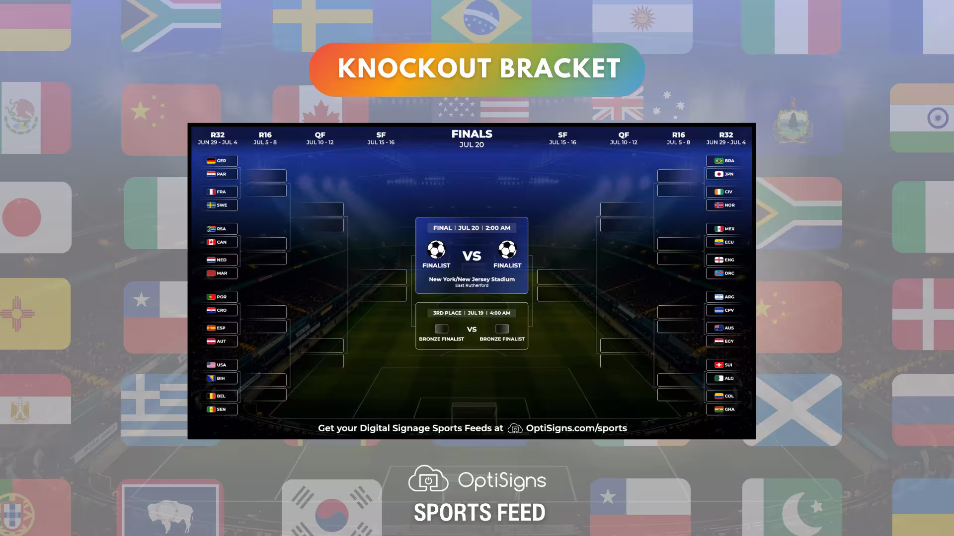 OptiSigns Digital Signage Sports Feed for the Soccer World Championship displaying a knockout bracket.
