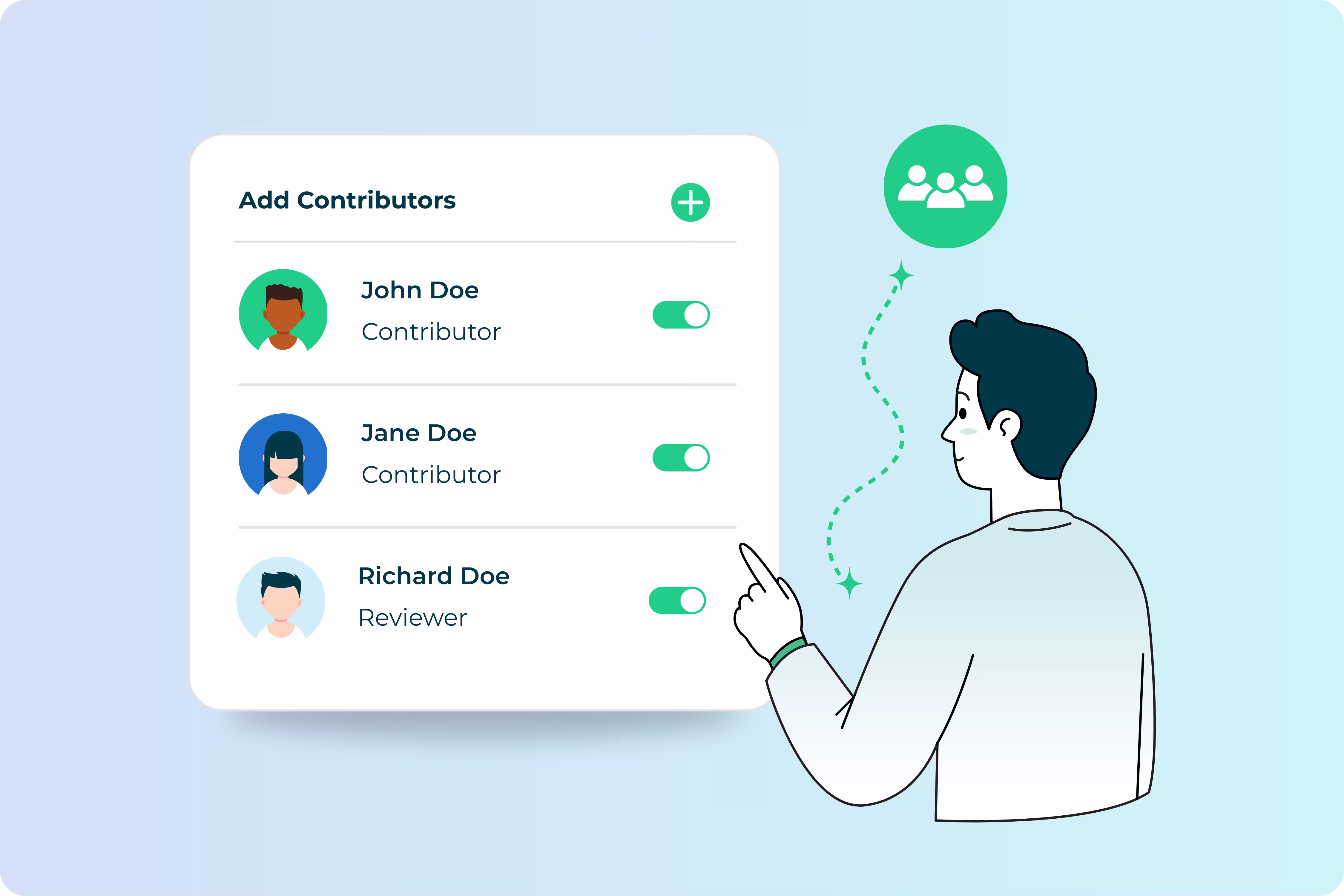 Revue Add Contributors panel listing contributors and a reviewer with access toggles