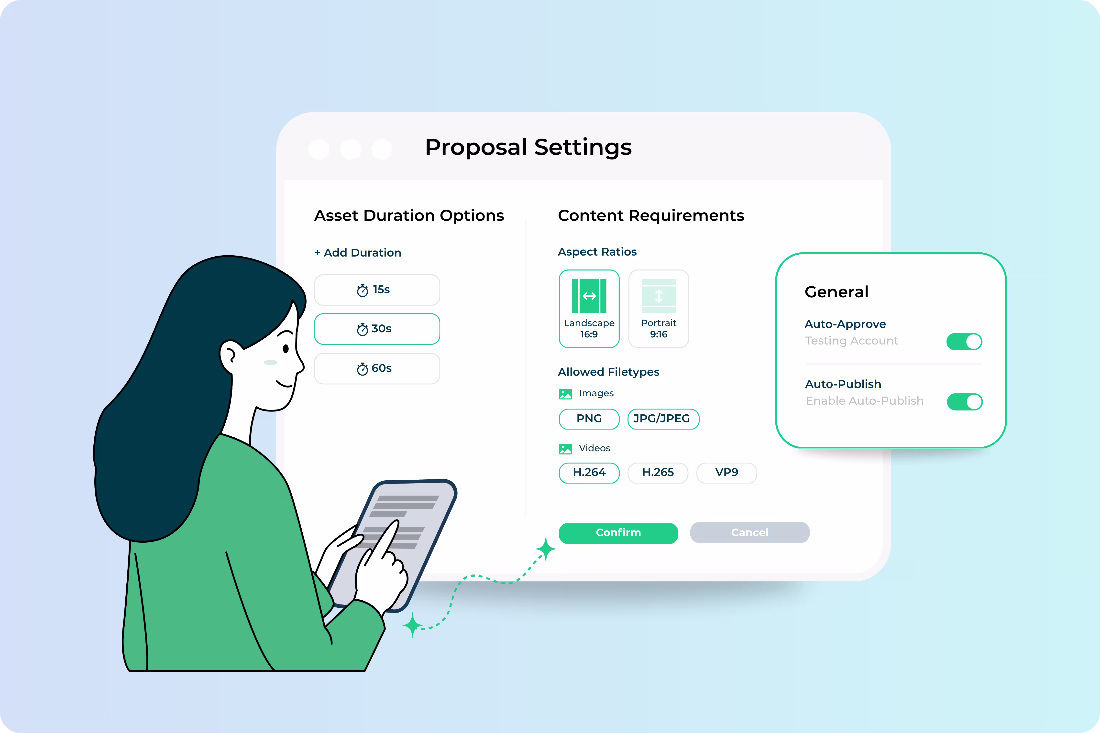 Revue Proposal Settings with asset duration options, content requirements, and auto-approve and auto-publish toggles