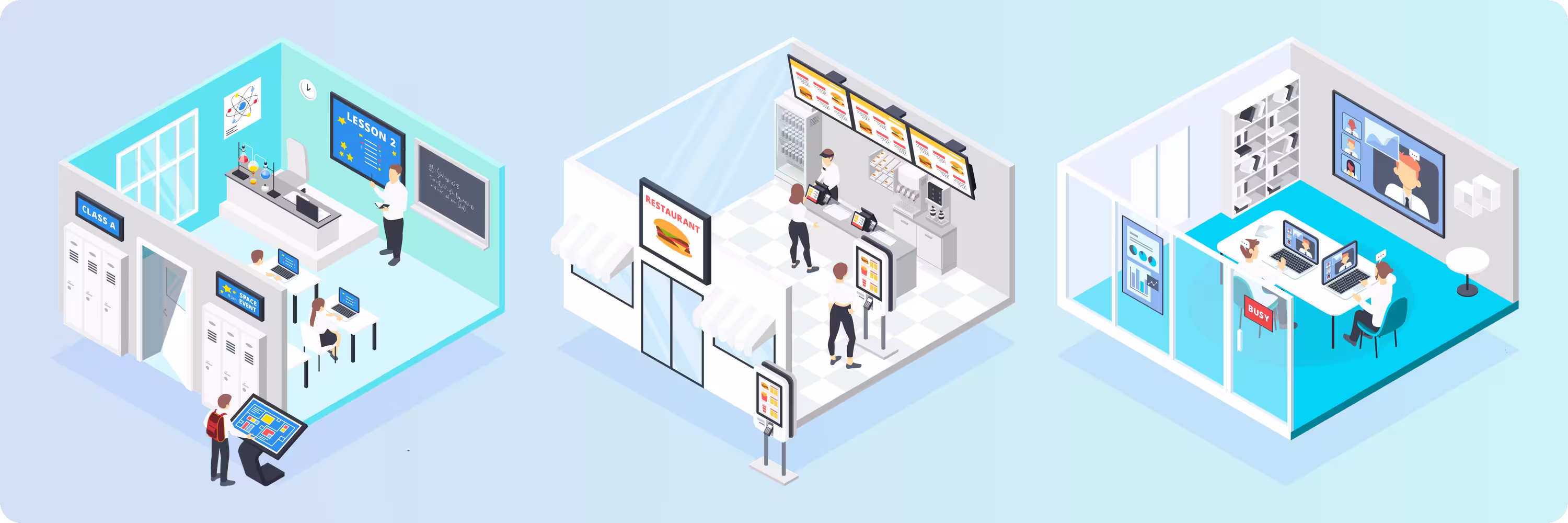 Isometric illustrations of digital signage in a school, a quick-service restaurant, and an office