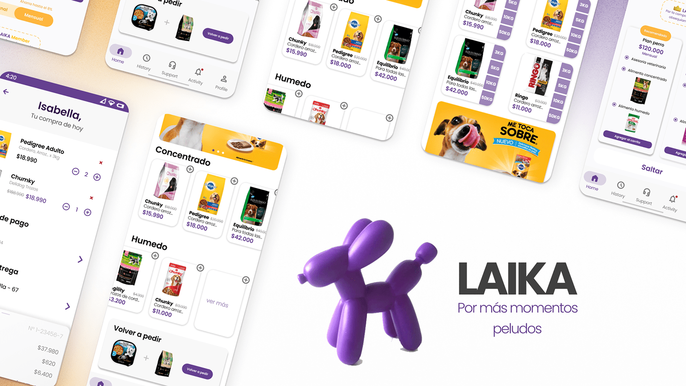 Purple baloon dog, with mock-up screens behind and laika's brand on the bottom right of the image

