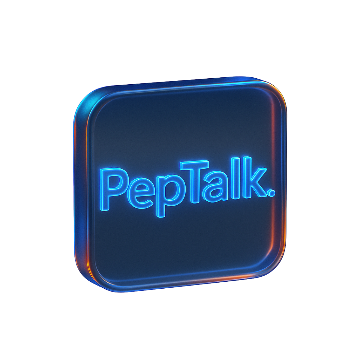 Blue neon glowing rounded square with the text 'PepTalk.' in the center.