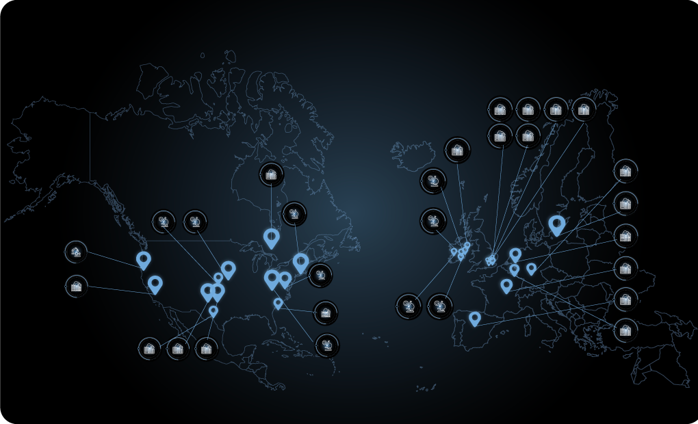 A map of the world with a lot of dots of Peptalk industry locations