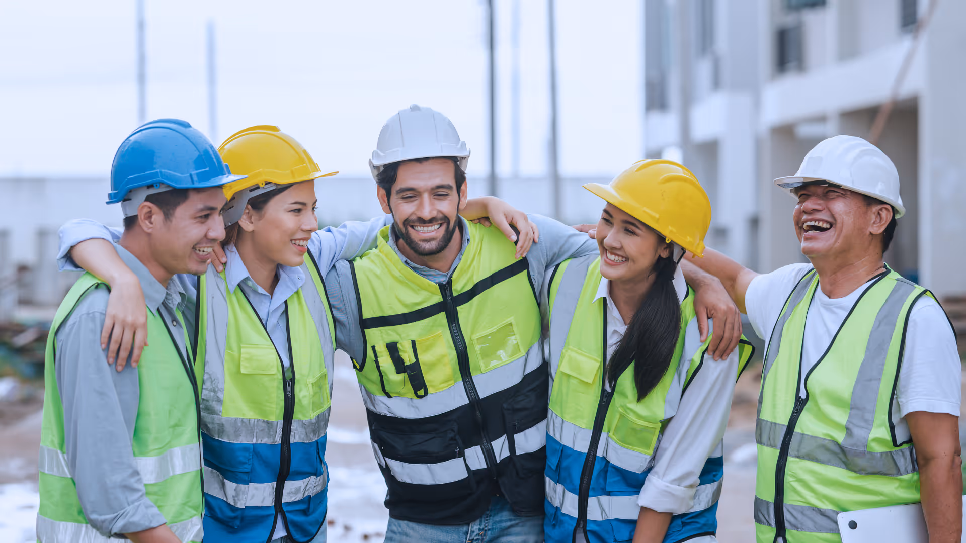 Five construction workers wearing hard hats and safety vests smiling and embracing each other outdoors on a construction site.