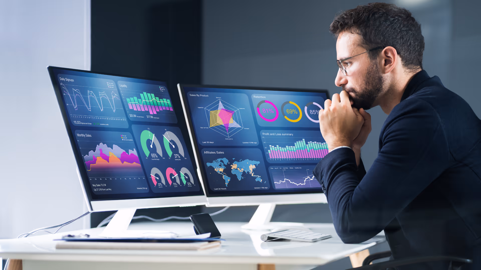 Man in glasses and dark jacket intently analyzing charts and graphs displayed on two widescreen monitors.