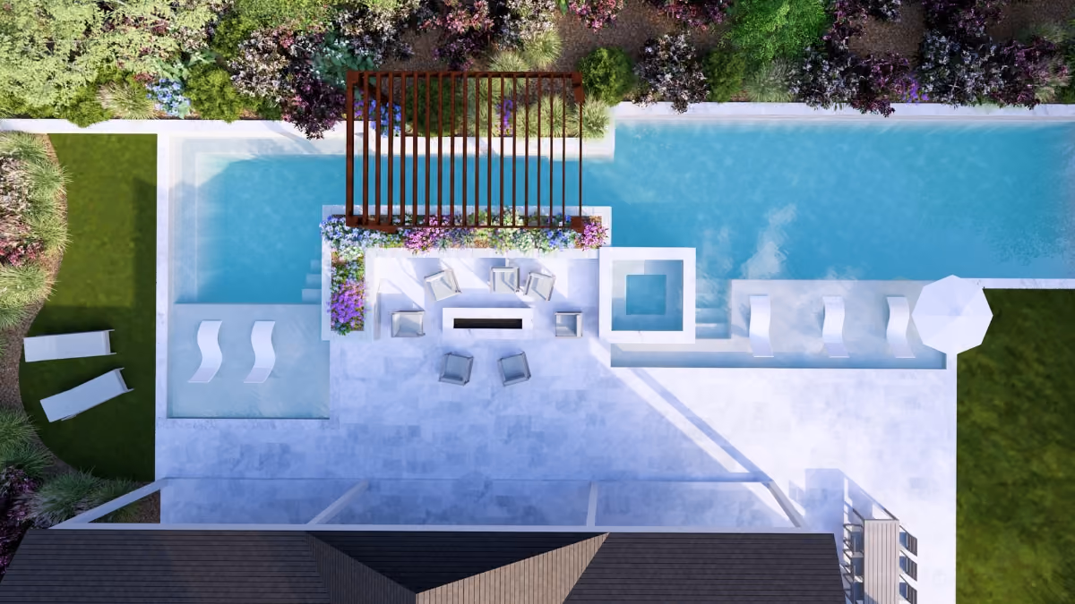 A high-angle 3D design rendering of a luxury backyard transformation in Raleigh, NC, showcasing a geometric swimming pool, integrated spa, modern outdoor fire feature, a covered pergola lounge area, and clean stone patio pavers.