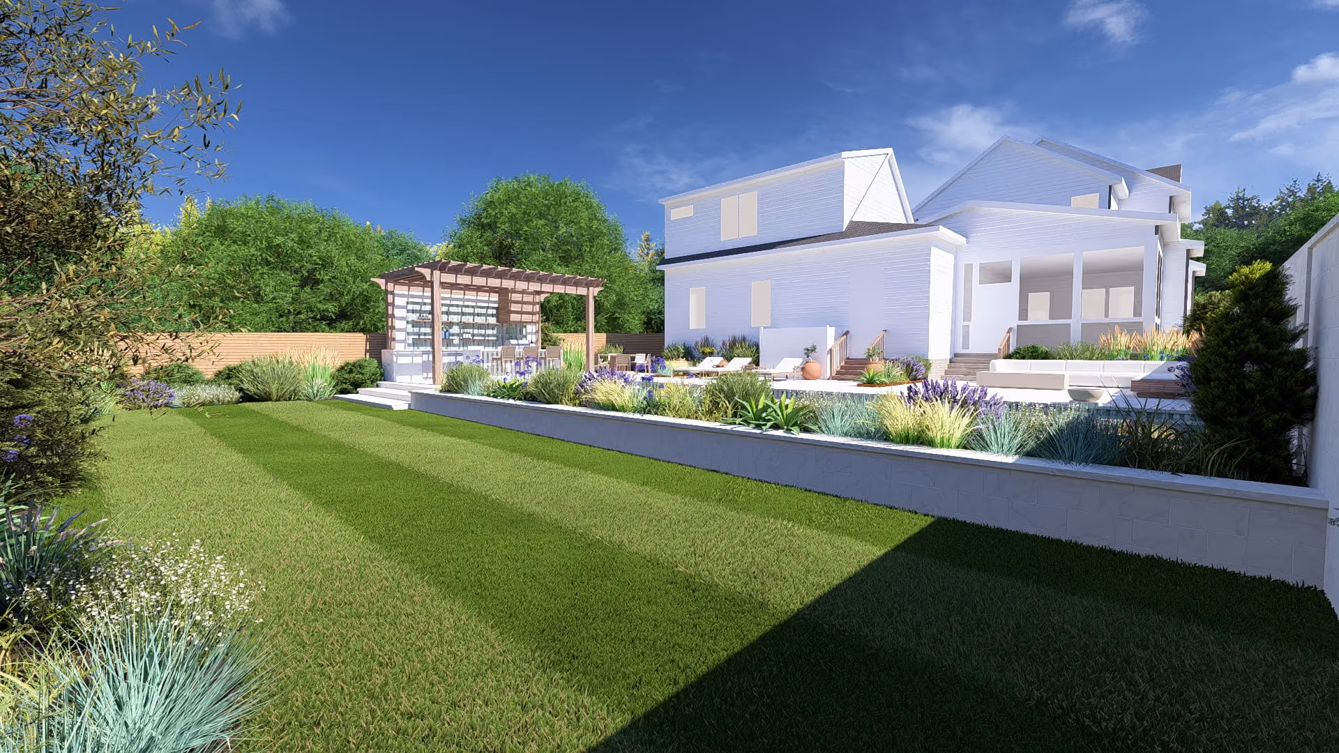 Wide-angle daytime view of a luxury residential backyard featuring professional landscape architecture, structured garden beds, premium stone paver pathways, and custom outdoor living design elements by an outdoor living company in Raleigh, NC.