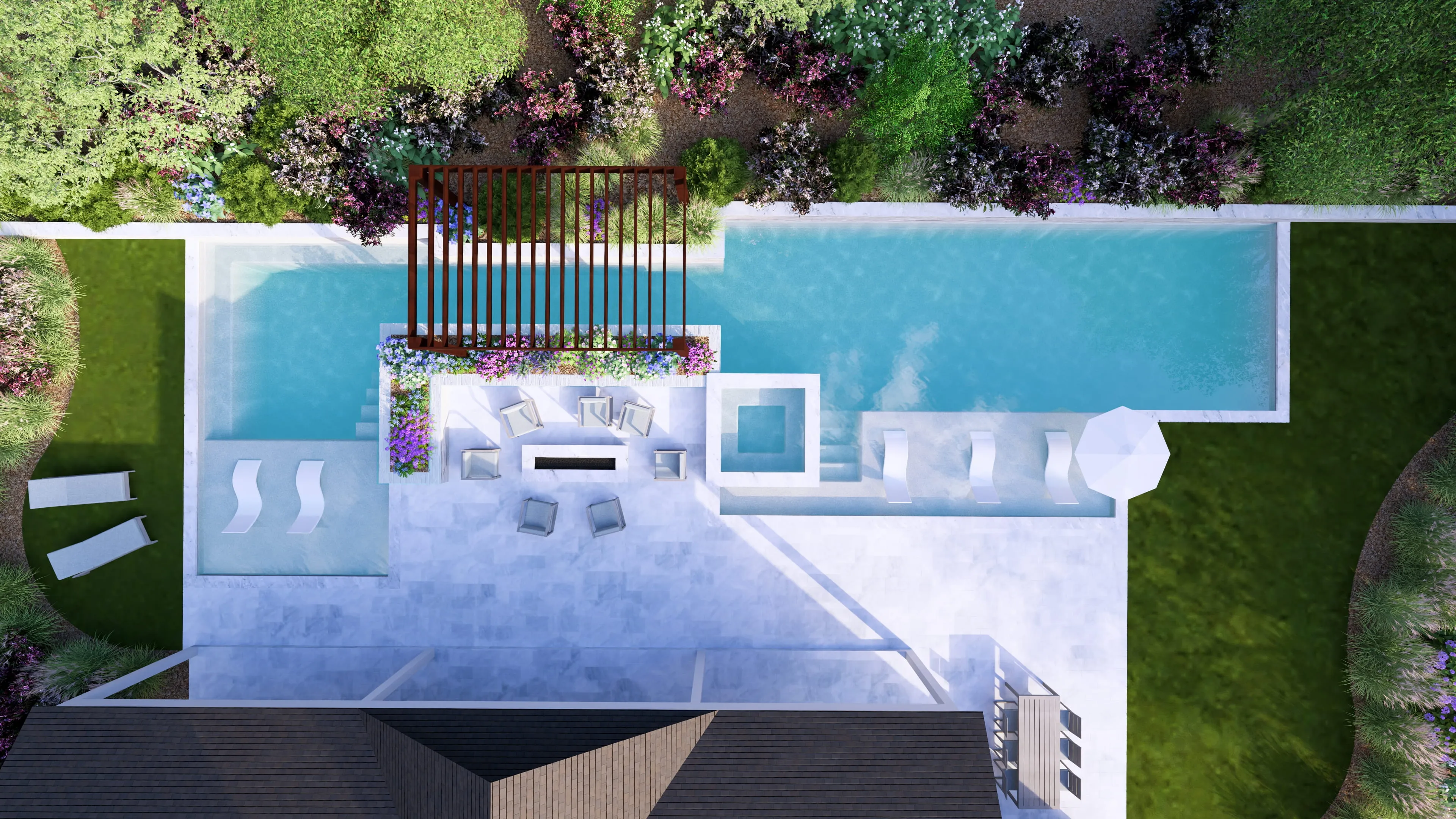Top-down aerial view of a luxury custom inground swimming pool featuring a dark-toned pergola, modern lounge chairs on a sprawling stone paver patio, and a professionally landscaped backyard built by an outdoor living company in Raleigh, NC.
