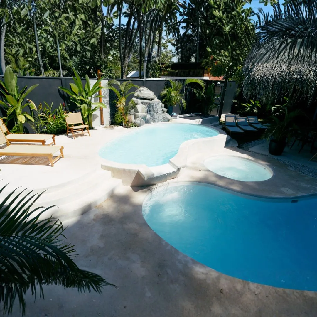 Custom freeform inground swimming pool featuring a natural rock waterfall feature, clear blue water, stone patio deck, and lush garden landscaping in Wake Forest, NC.
