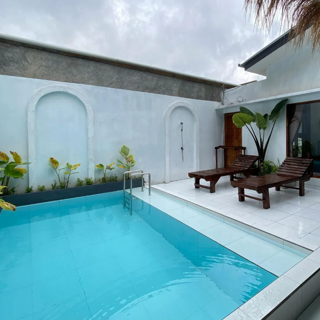 Custom modern courtyard plunge pool featuring clear turquoise water, high white privacy walls, tropical foliage planters, and teak lounge seating in Raleigh, NC.