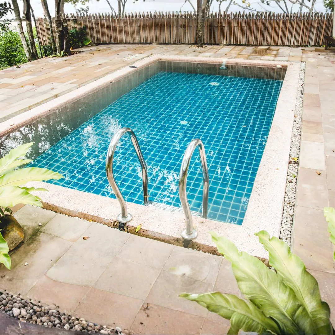 Rectangular custom inground swimming pool featuring a stainless steel entry ladder, concrete patio coping, and wooden privacy fence in Raleigh, NC.